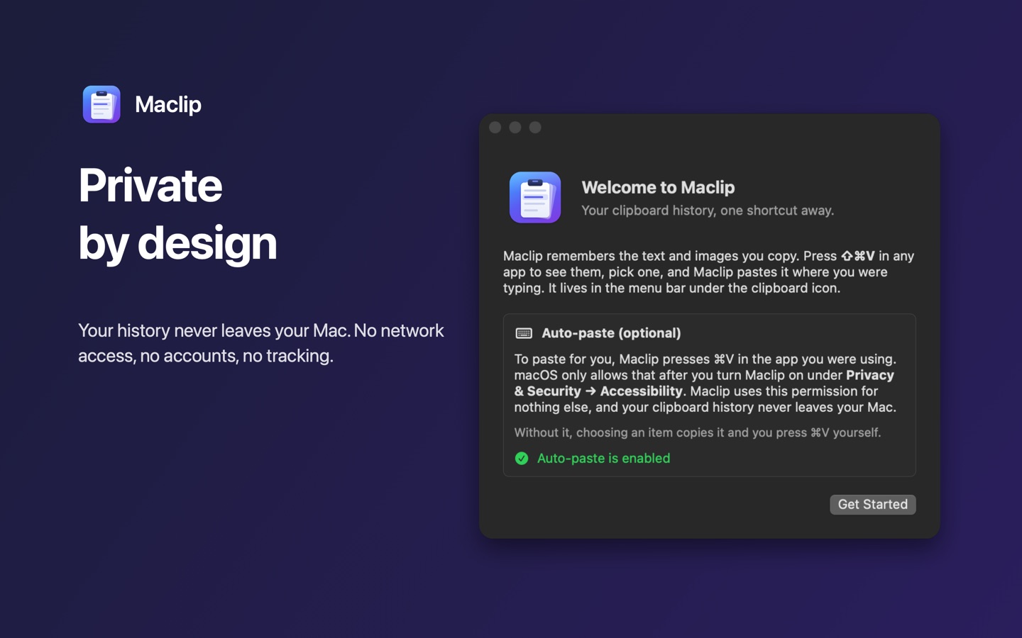 Maclip welcome window explaining privacy